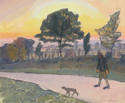 Sonnenuntergang, Letchworth, mit Mann und Hund, 1912 von Spencer Frederick Gore